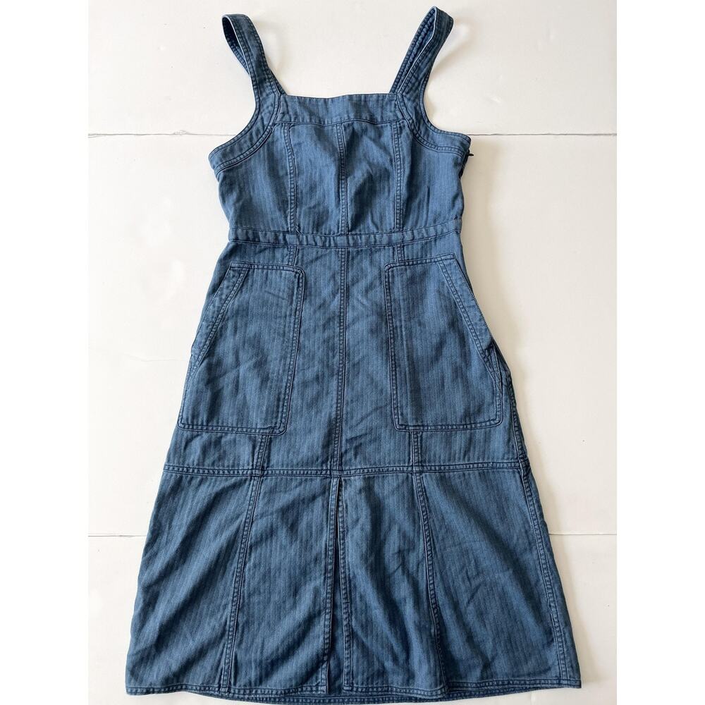 Denim Overall Dress Womens Small Blue Herringbone Square Neck Pockets Casual